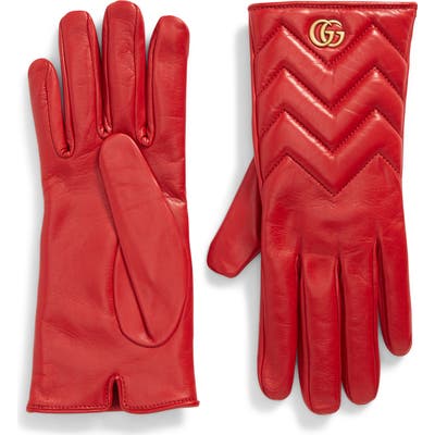 Gucci Gg Marmont Cashmere Lined Leather Gloves - Red