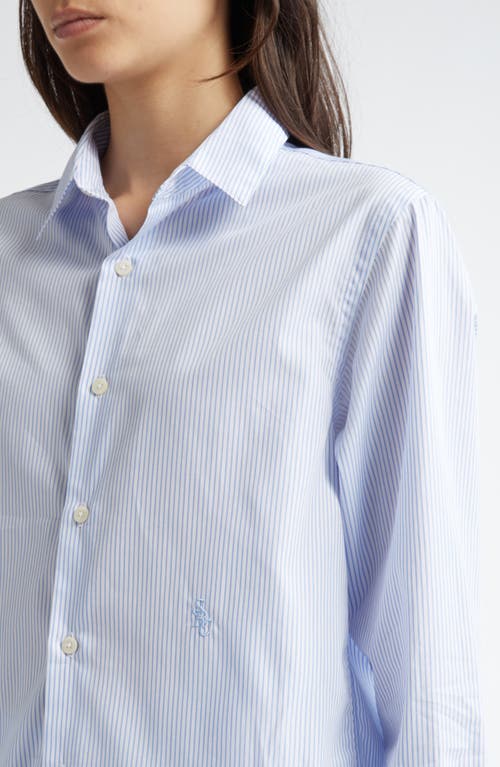 Shop Sporty And Rich Sporty & Rich Embroidered Logo Stripe Cotton Button-up Shirt In White/light Blue Thin Stripe