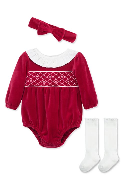 Little Me Embroidered Bubble Romper, Headband & Knee High Socks Set 