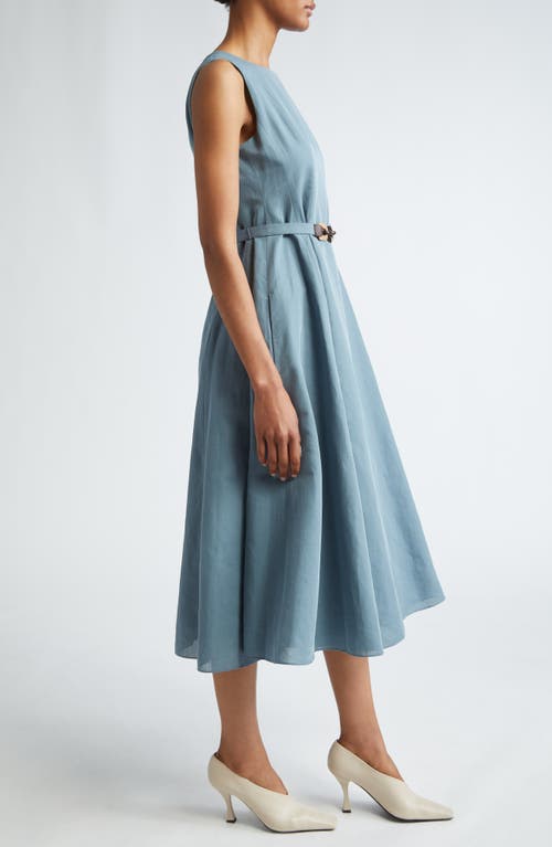 Shop Max Mara Amelie Belted Sleeveless Cotton & Linen A-line Dress In Sky Blue