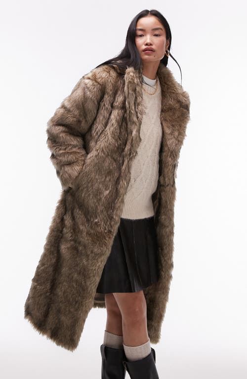 Topshop Faux Fur Longline Coat in Light Brown 