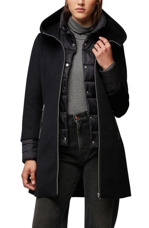 Mixed Media Wool Blend Coat with Quilted Bib Insert in Black
