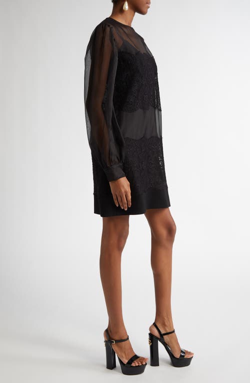 Shop Dolce & Gabbana Dolce&gabbana Lace Paneled Long Sleeve Sheer Silk Blend Organza Dress In N0000 Nero