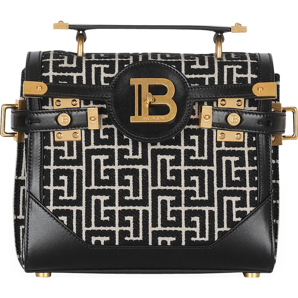 Balmain B-buzz 23 Monogram Jacquard Top Handle Bag In Ivory/black