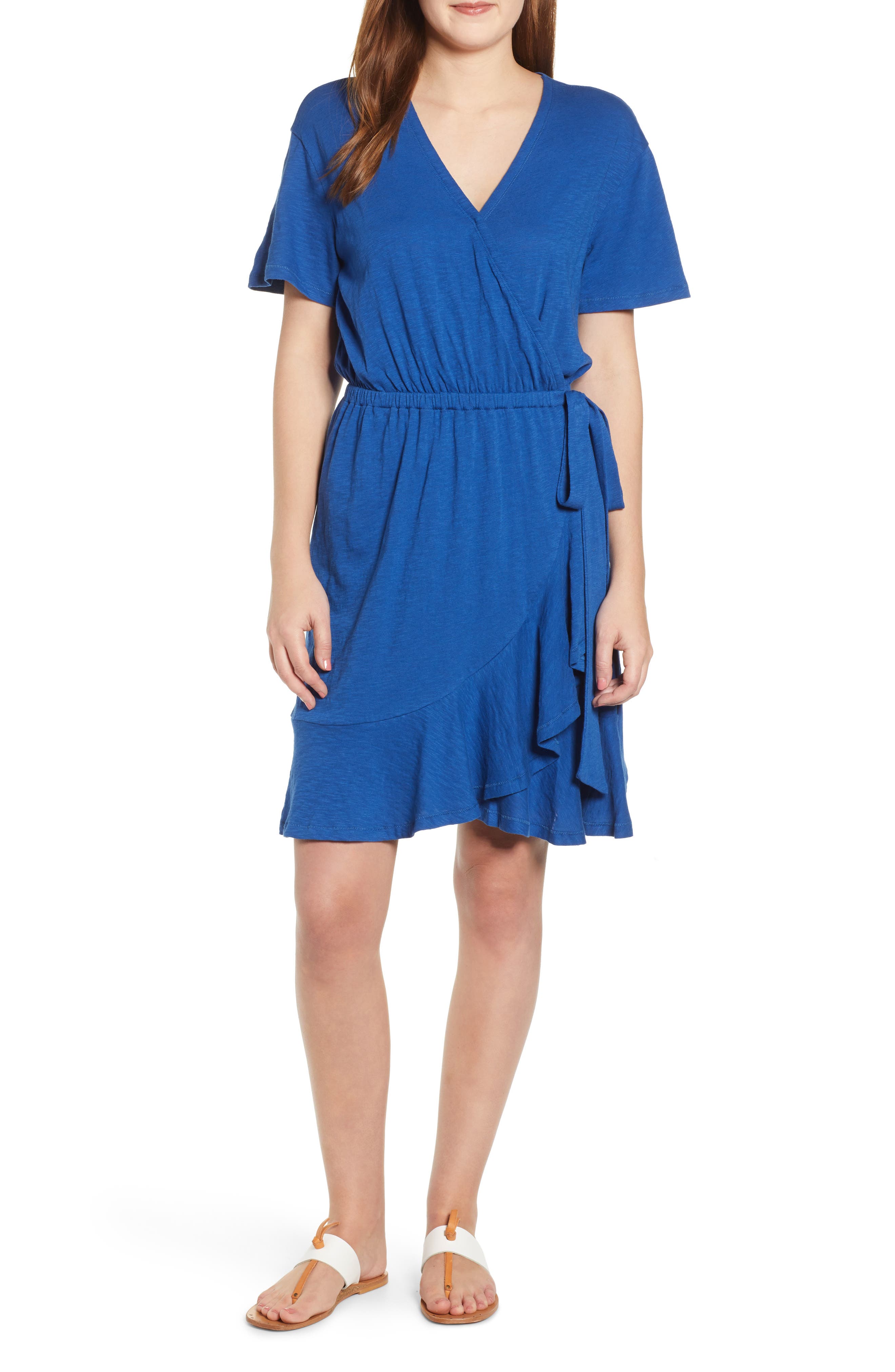 Caslon Asymmetrical Hem Faux Wrap Dress, Blue