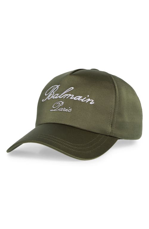 Balmain Logo Embroidered Satin Baseball Cap in Kaki at Nordstrom