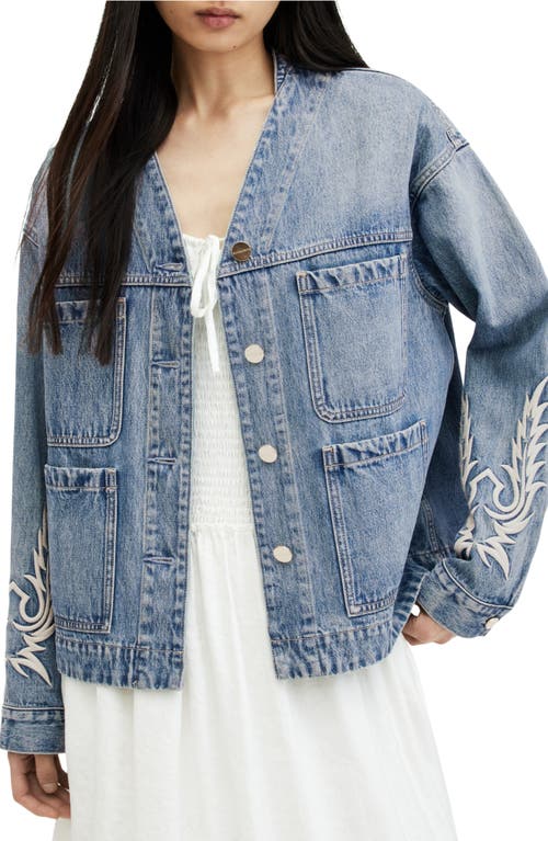 AllSaints Terri Embroidered Detail Denim Jacket Mid Indigo at Nordstrom, Us