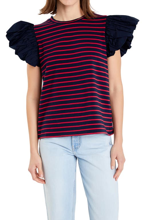 English Factory Mixed Media Stripe Ruffle Sleeve Top In Navy/red