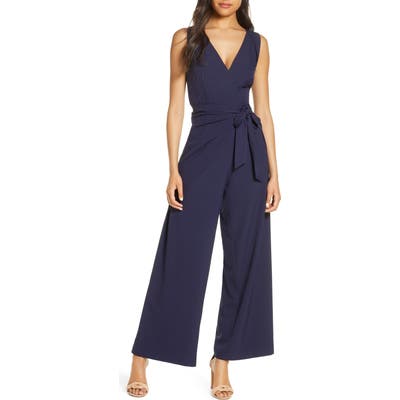Julia Jordan Faux Wrap Wide Leg Jumpsuit, Blue