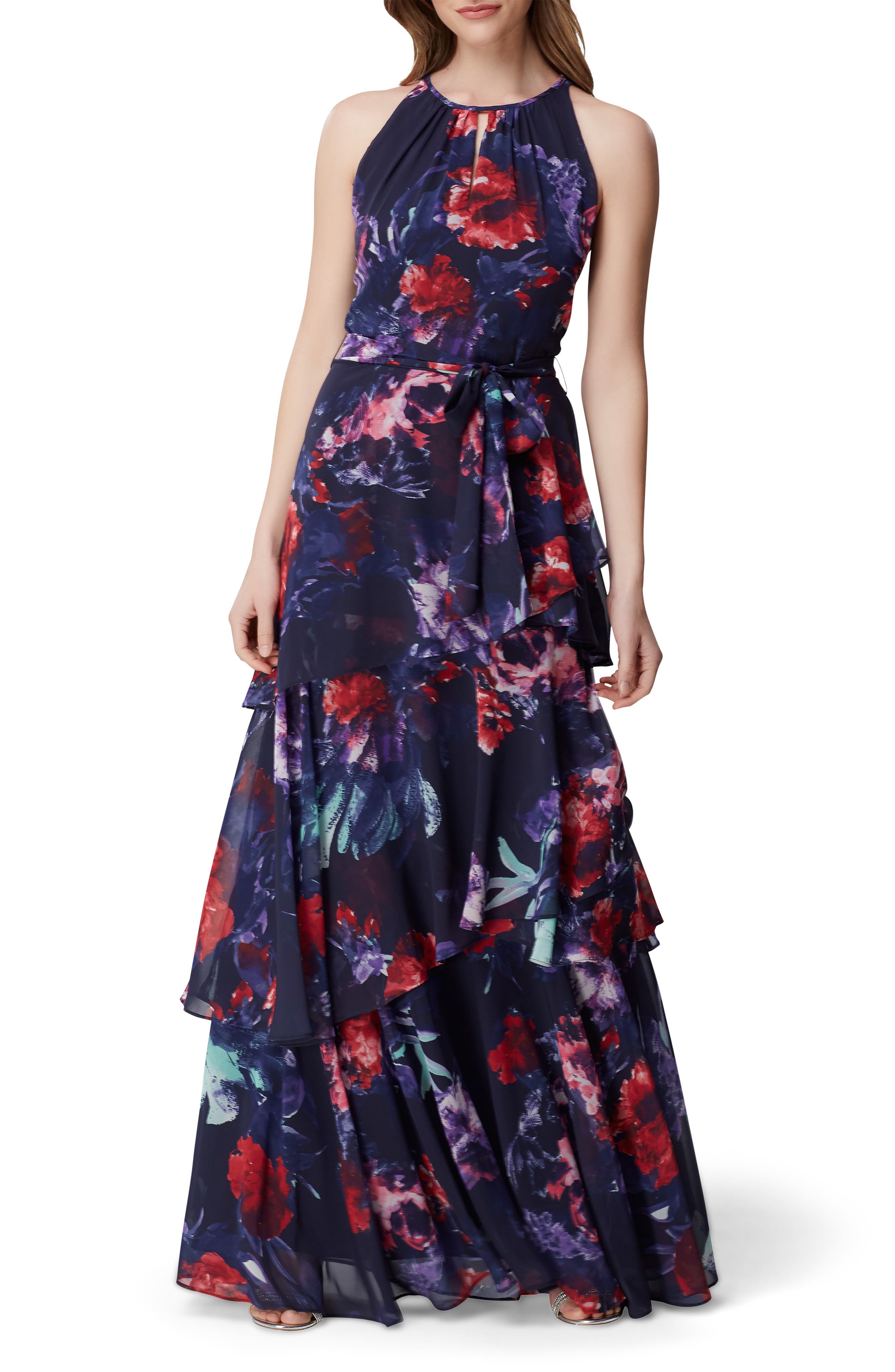 Tahari Sleeveless Printed Chiffon Gown, Blue