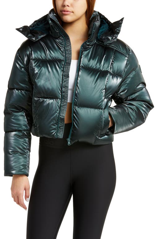 Alo Pearlized Pristine Crop Puffer Jacket in Midnight Green