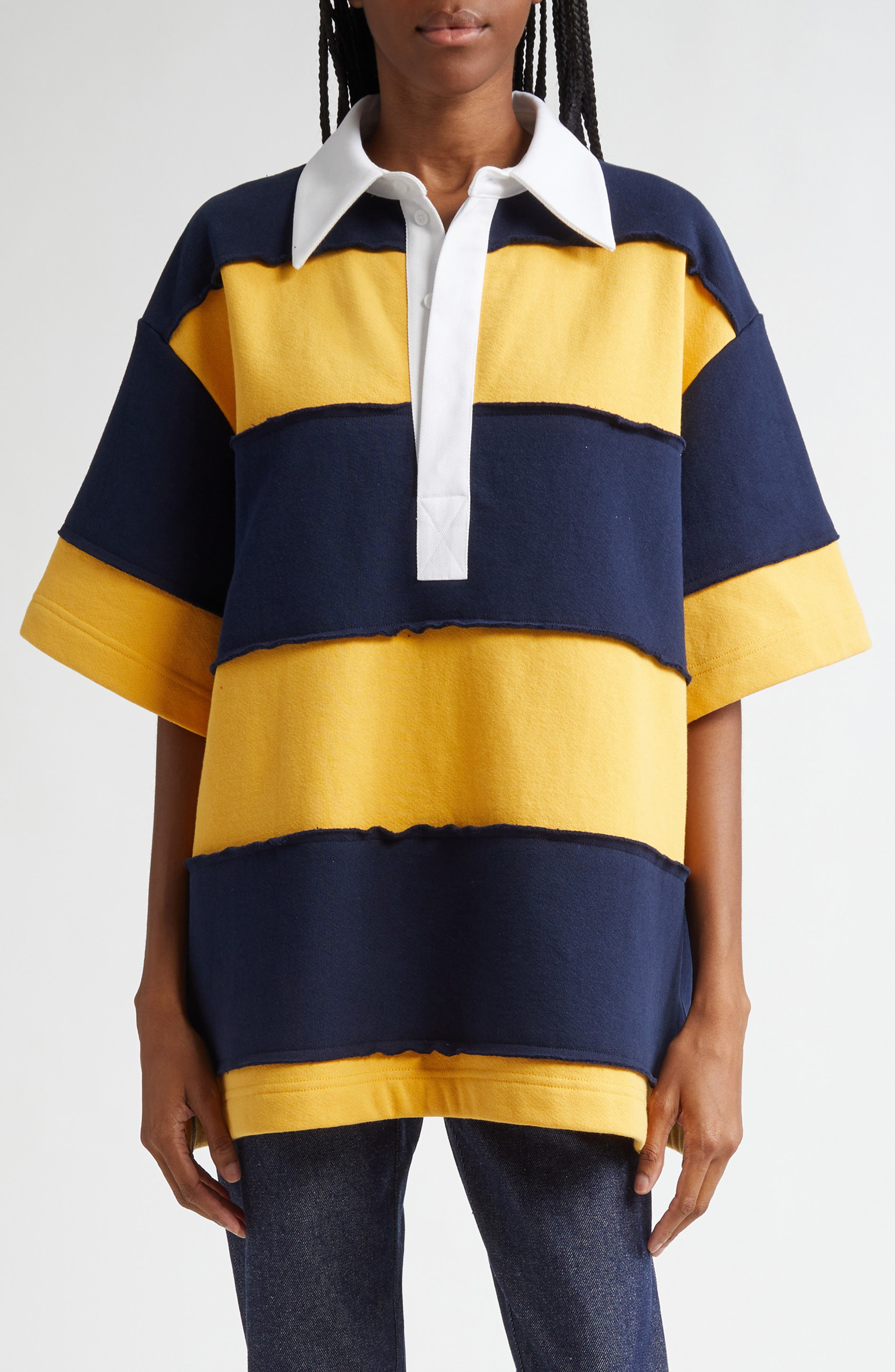 K.NGSLEY Gender Inclusive Riis Deco Maxi Short Sleeve Rugby Shirt in Navy/Ocre 