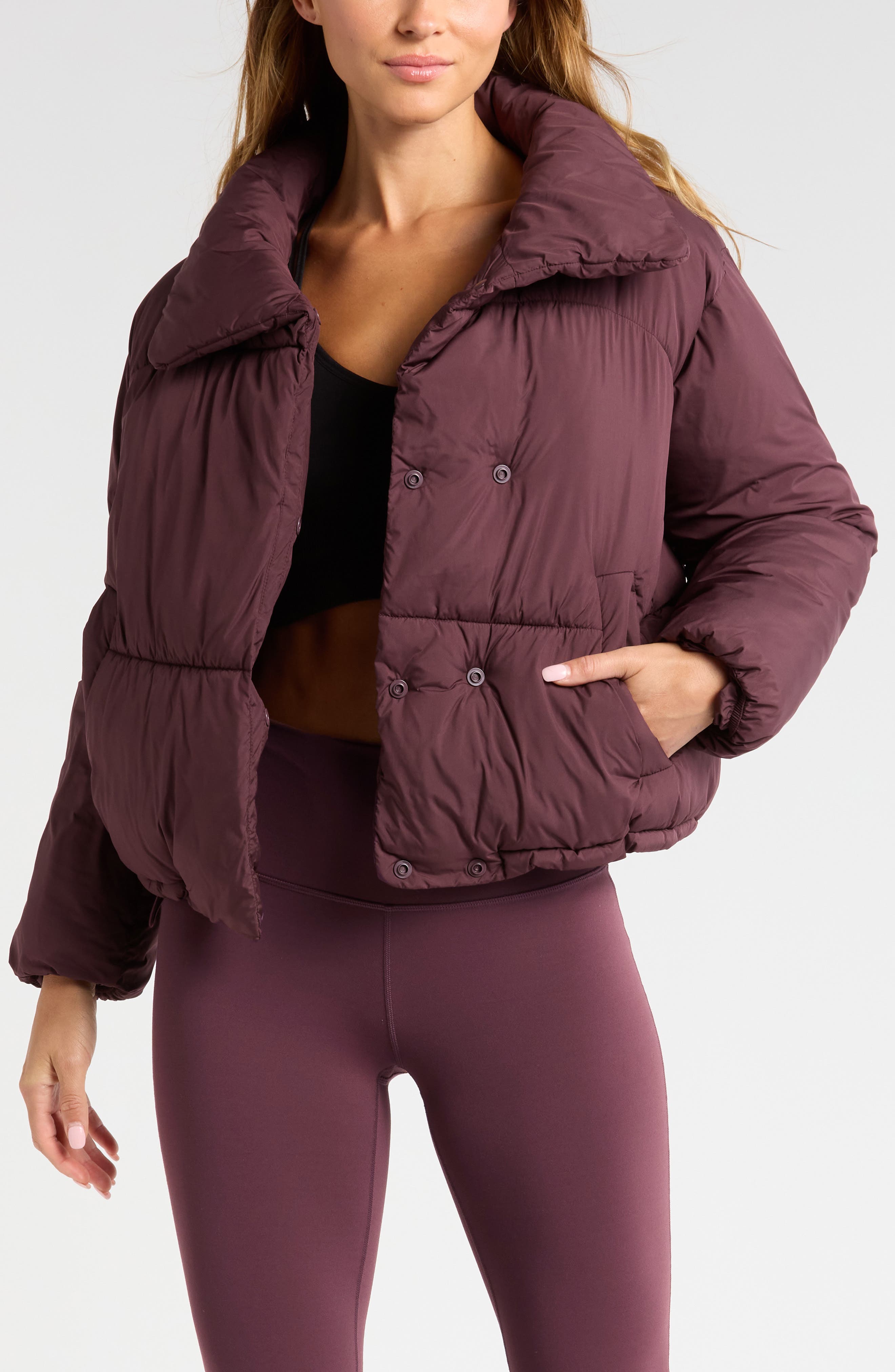 Zella Crop Cocoon Puffer Jacket in Burgundy Fudge 