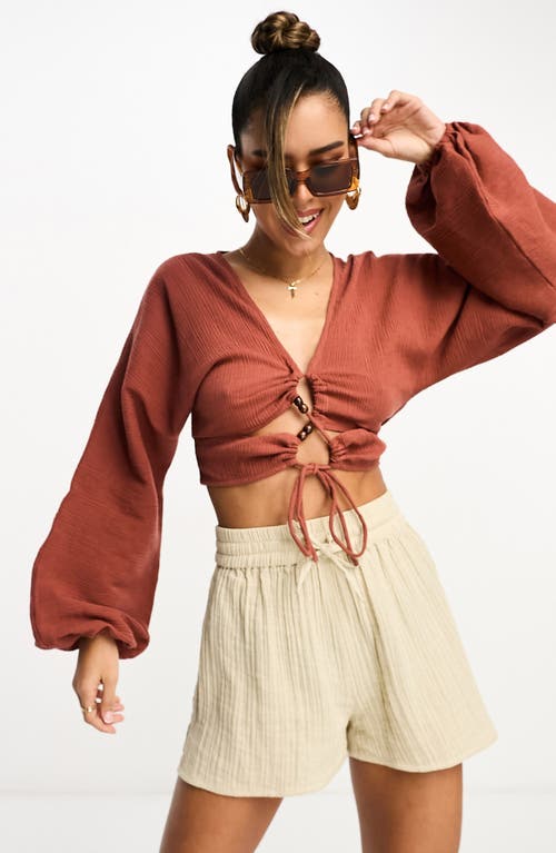 ASOS DESIGN Lace-Up Crinkle Crop Top in Copper