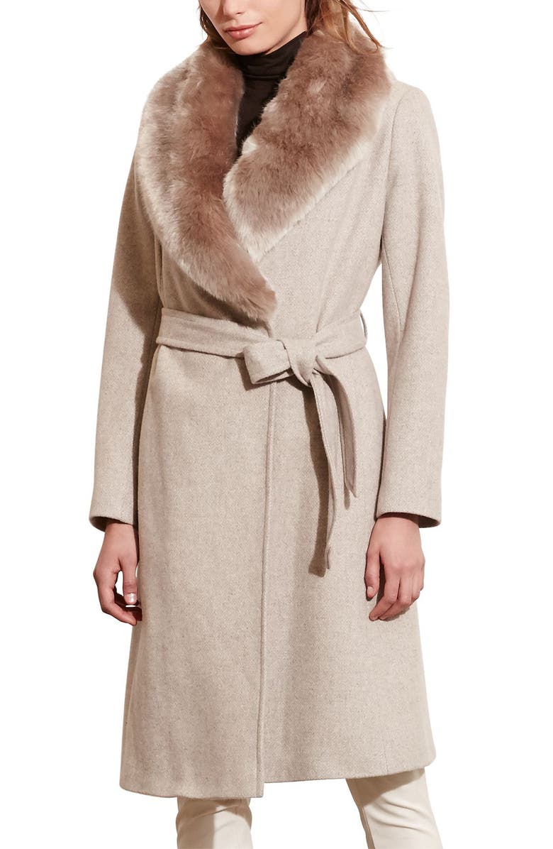 Lauren Ralph Lauren Faux Fur Collar Wool Blend Long Wrap Coat | Nordstrom
