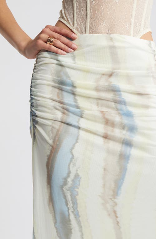 Shop Open Edit Ruched Side Slit Mesh Maxi Skirt In Ivory Seafoam Swirl