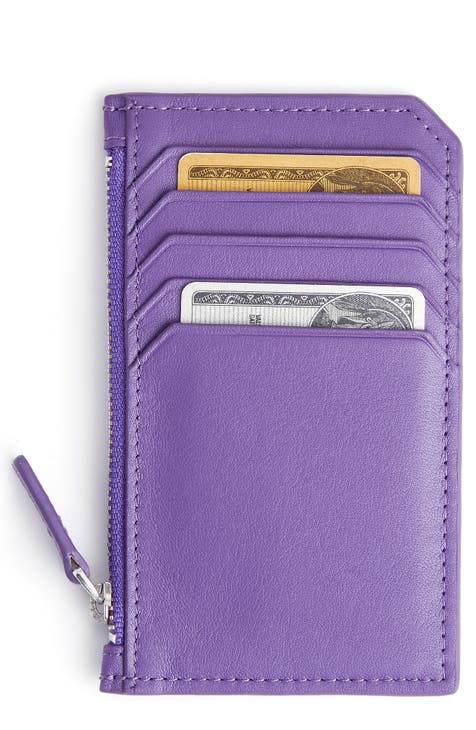 Purple Leather Card Wallet for Women, Small Personalized Credit
