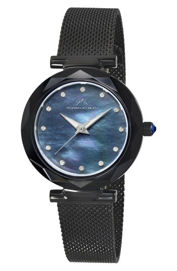 PORSAMO BLEU PORSAMO BLEU HAZEL WHITE TOPAZ MOTHER OF PEARL DIAL 3-HAND QUARTZ MESH STRAP WATCH, 33MM