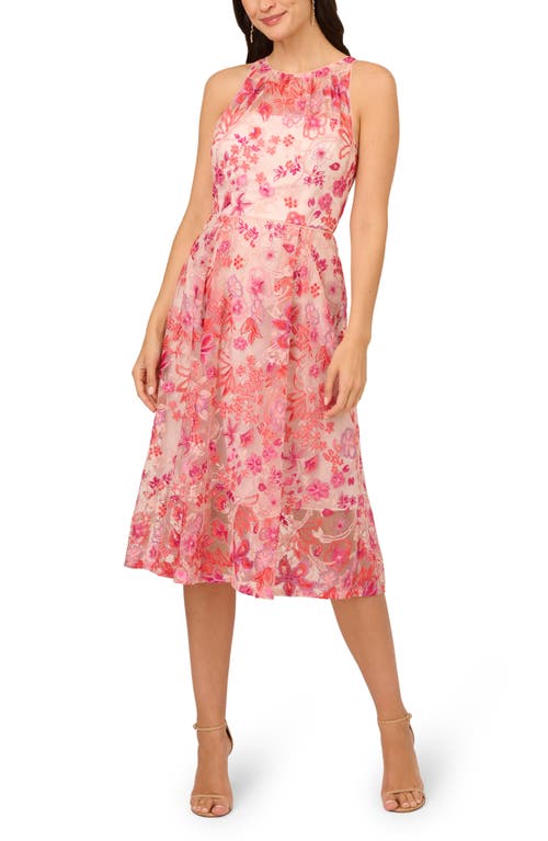 Adrianna Papell Floral Embroidered Fit & Flare Midi Dress Pink Multi at Nordstrom,