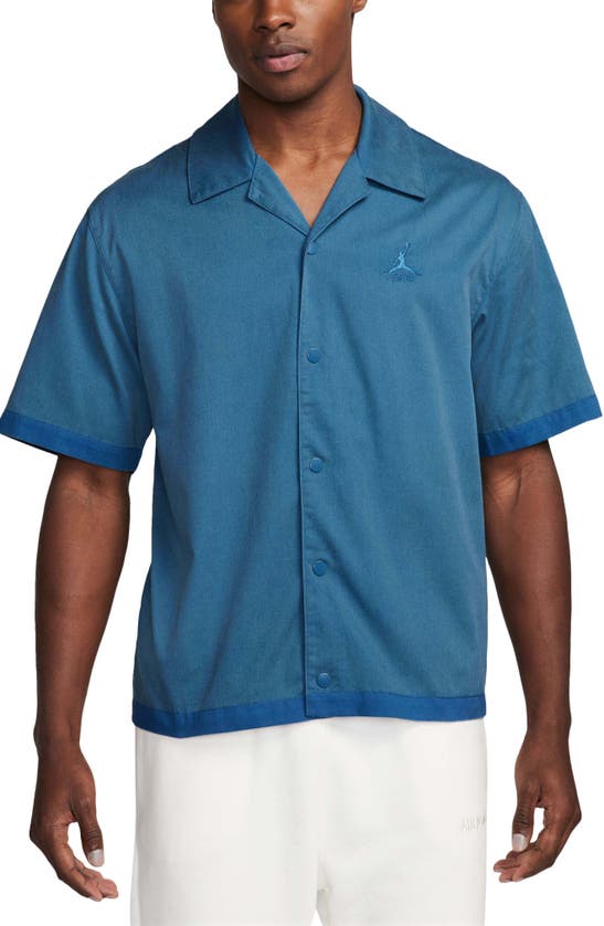 Shop Jordan Flight Essentials Oversize Snap-up Camp Shirt In Industrial Blue