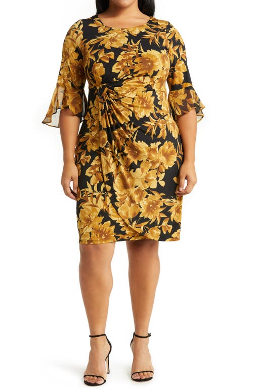 Connected Apparel Floral Knit Faux Wrap Dress in Mustard