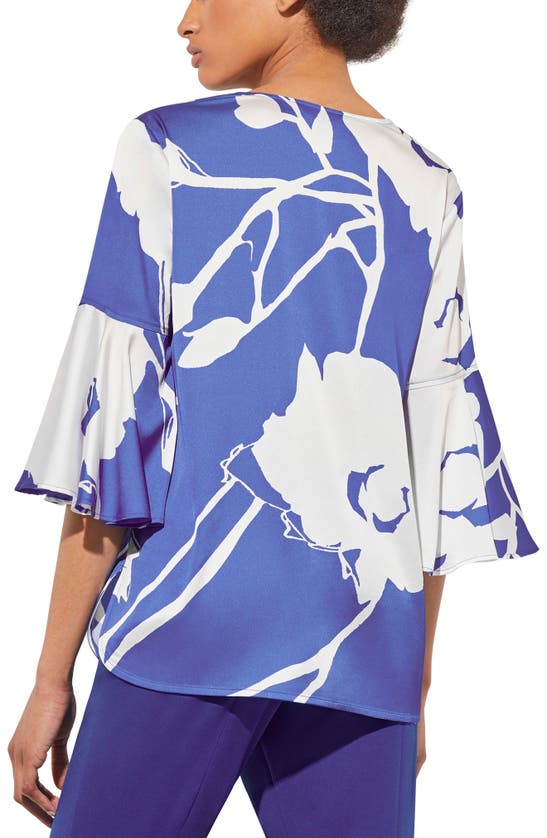 Shop Ming Wang Floral Print Bell Sleeve Top In Sapphire Sea/white