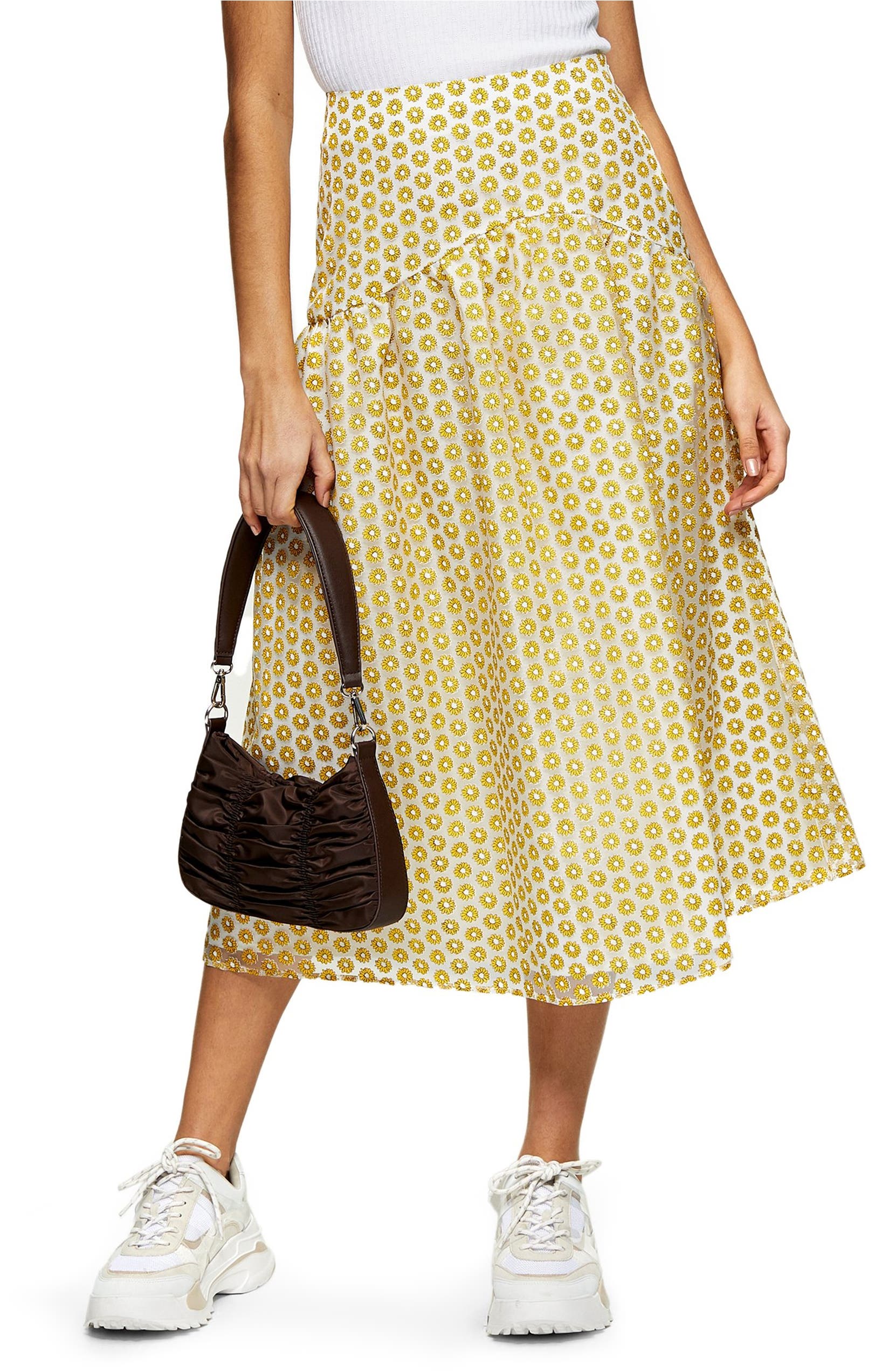 TOPSHOP Daisy Organza Midi Skirt, Main, color, YELLOW