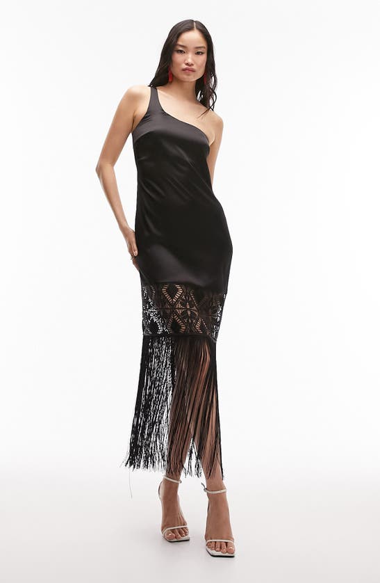 Shop Topshop Fringe Trim One-shoulder Satin Midi Dress In Black
