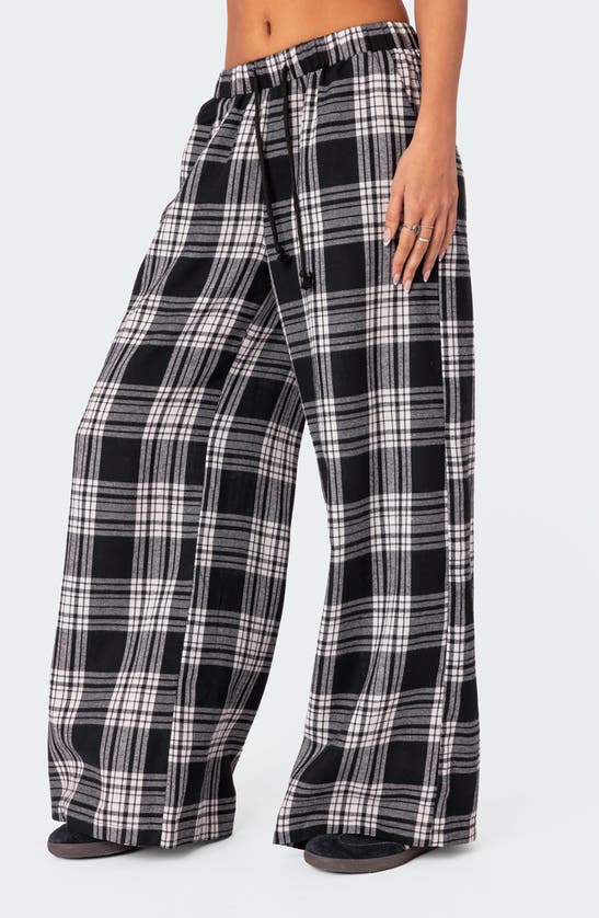 Edikted Lounge Around Plaid Wide Leg Pants In Black-and-white