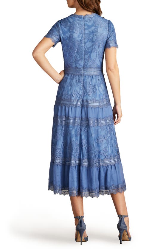 Shop Tadashi Shoji Lace & Mesh Midi Cocktail Dress In Blue Stone