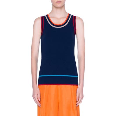 Akris Punto Stripe Ribbed Stretch Merino Wool Tank, Blue