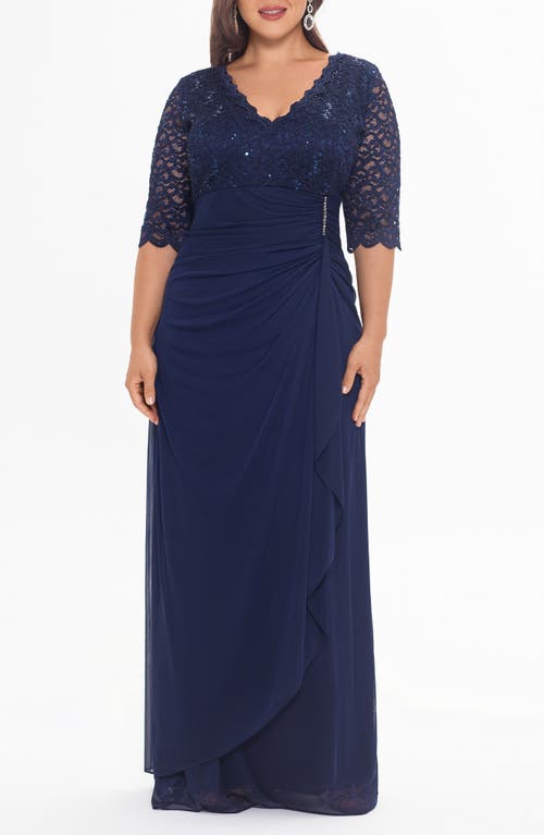 BETSY & ADAM BETSY & ADAM V-NECK LACE GOWN