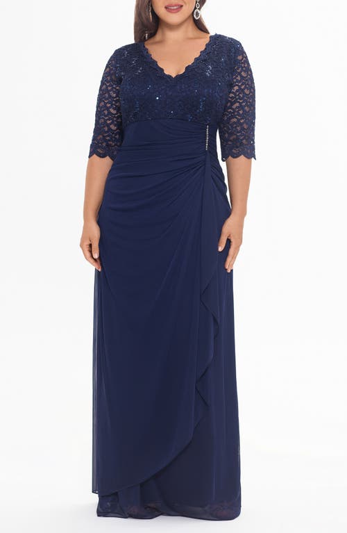 BETSY & ADAM BETSY & ADAM V-NECK LACE GOWN 