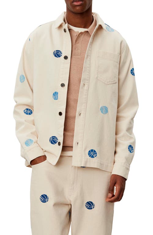 Les Deux Layton Oversize Embroidered Basketball Denim Button-Up Shirt Jacket Ivory at Nordstrom,