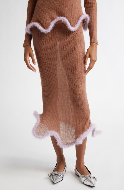 Shop Ph5 Ginny Wavy Hem Mohair & Alpaca Blend Rib Midi Skirt In Cozy Brown