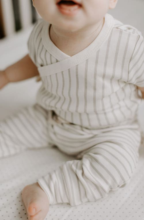 Shop Pehr Stripes Away Organic Cotton Wrap Bodysuit In Stripes Away Pebble Grey