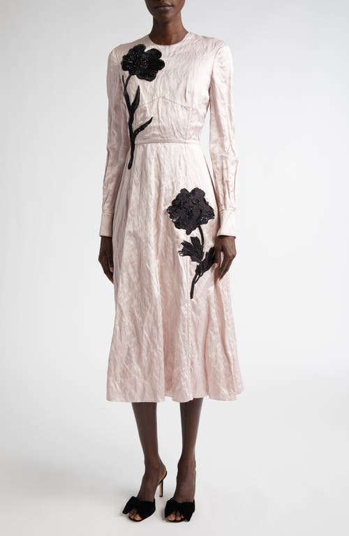 ERDEM ERDEM EMBELLISHED ROSE APPLIQUÉ LONG SLEEVE RUMPLED SATIN MIDI DRESS 