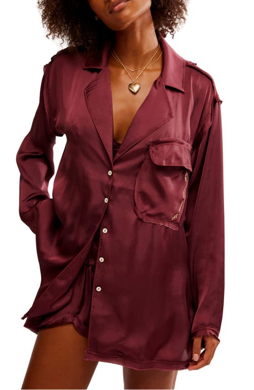 Free People Like Honey Long-sleeve Satin Pajama Shirt In Acai