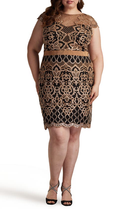 Tadashi Shoji Sequin Cap Sleeve Lace Dress In Copper Shadow/ B