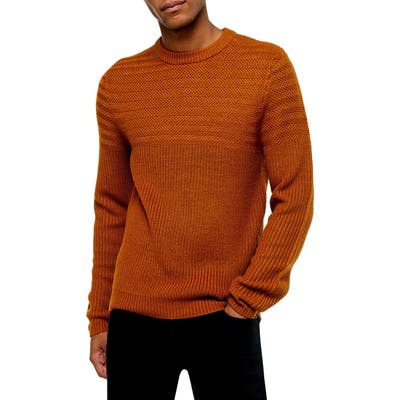 Topman Mixed Stitch Crewneck Sweater, Orange