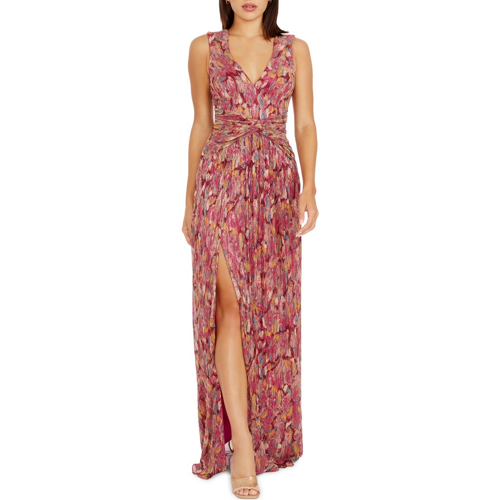 Dress The Population Leanna Print Metallic Sleeveless Gown In Bright Fuchsia Multi