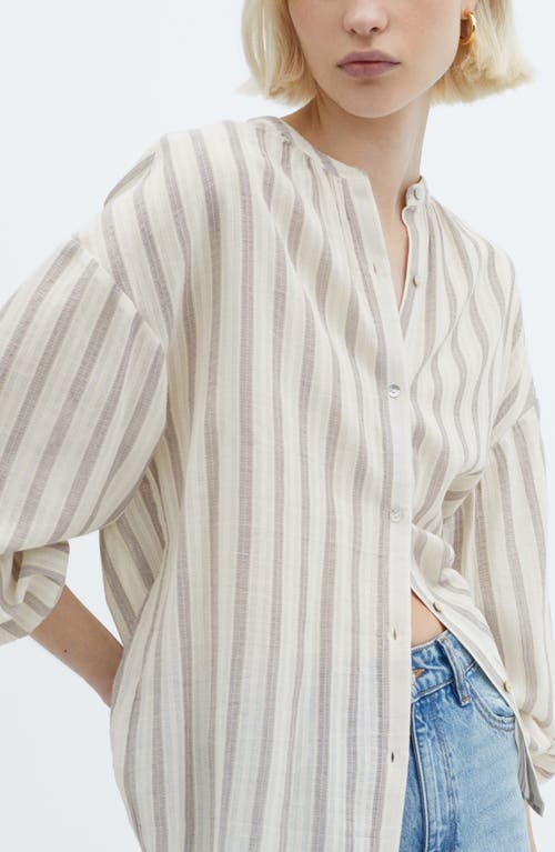 Mango Stripe Balloon Sleeve Button-up Shirt In Natural White