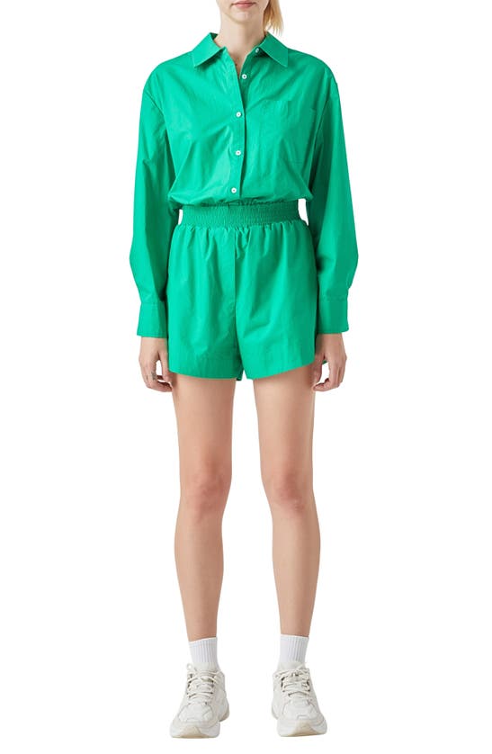 Shop Grey Lab Oversize Long Sleeve Cotton Romper In Green