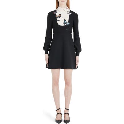 Valentino Butterfly Embroidered Long Sleeve Contrast Bib Minidress, US / 42 IT - Black