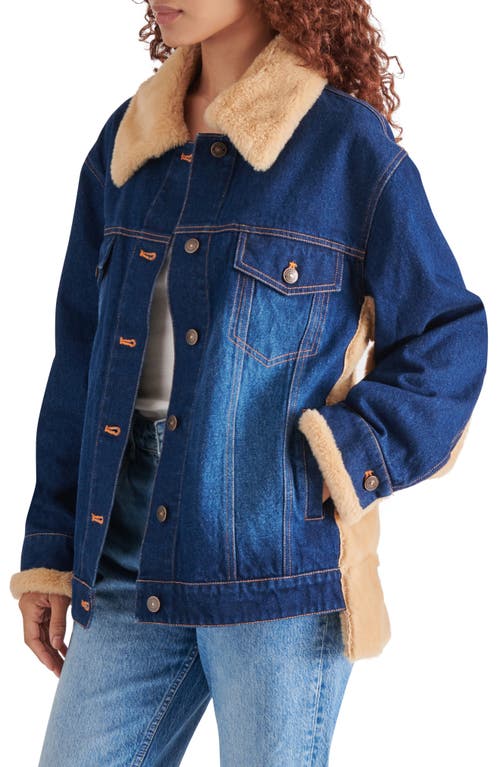 Shop Steve Madden Winona Oversize Faux Fur Denim Jacket In Dark Indigo