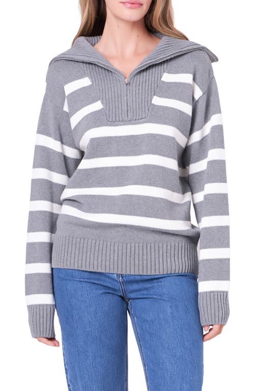 English Factory Stripe Cotton Zip Pullover In Heather Grey/white