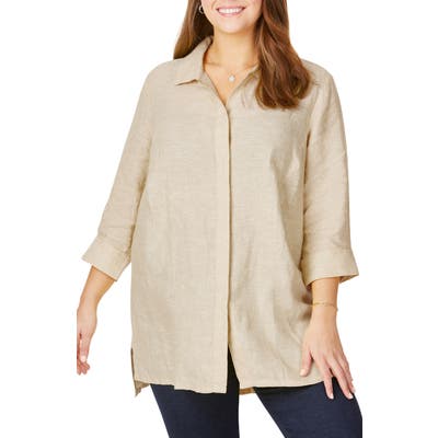 Plus Size Foxcroft Chambray Linen Tunic Shirt, Beige