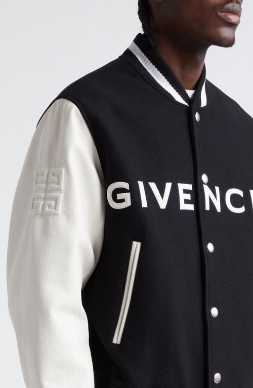 Shop Givenchy Embroidered Logo Mixed Media Leather & Wool Blend Varsity Jacket In Black/white