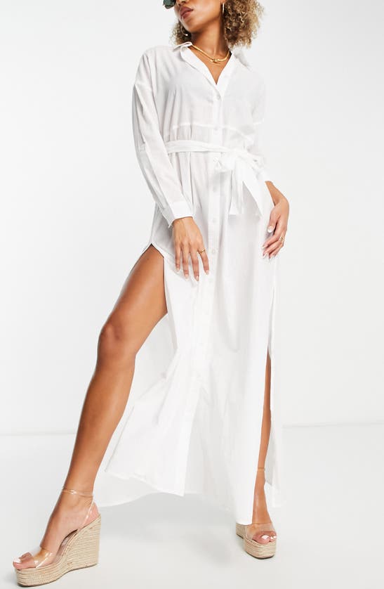 Asos Design Flutter Sleeve Maxi Beach Dress With Channeled Tie Waist In White