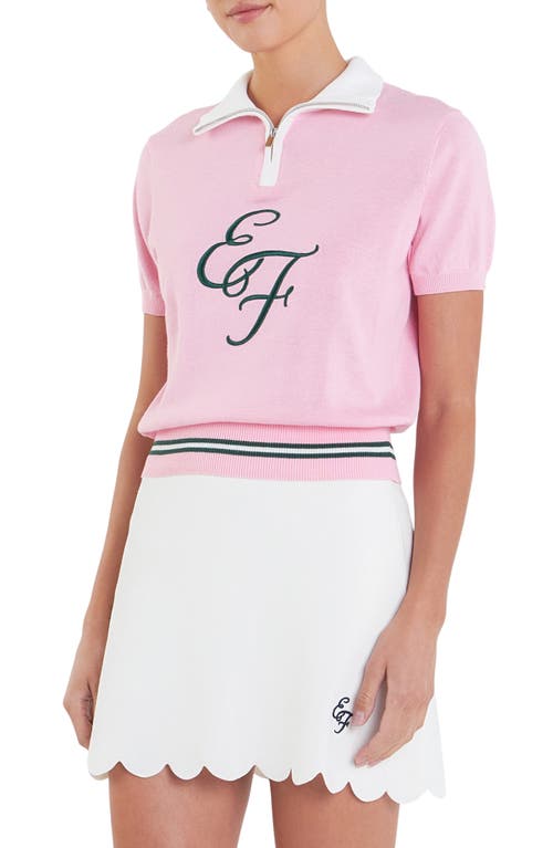 English Factory Sports Club Monogram Embroidered Linen & Cotton Quarter Zip Polo Sweater In Pink